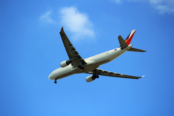 A plane flying, viewed from beneath